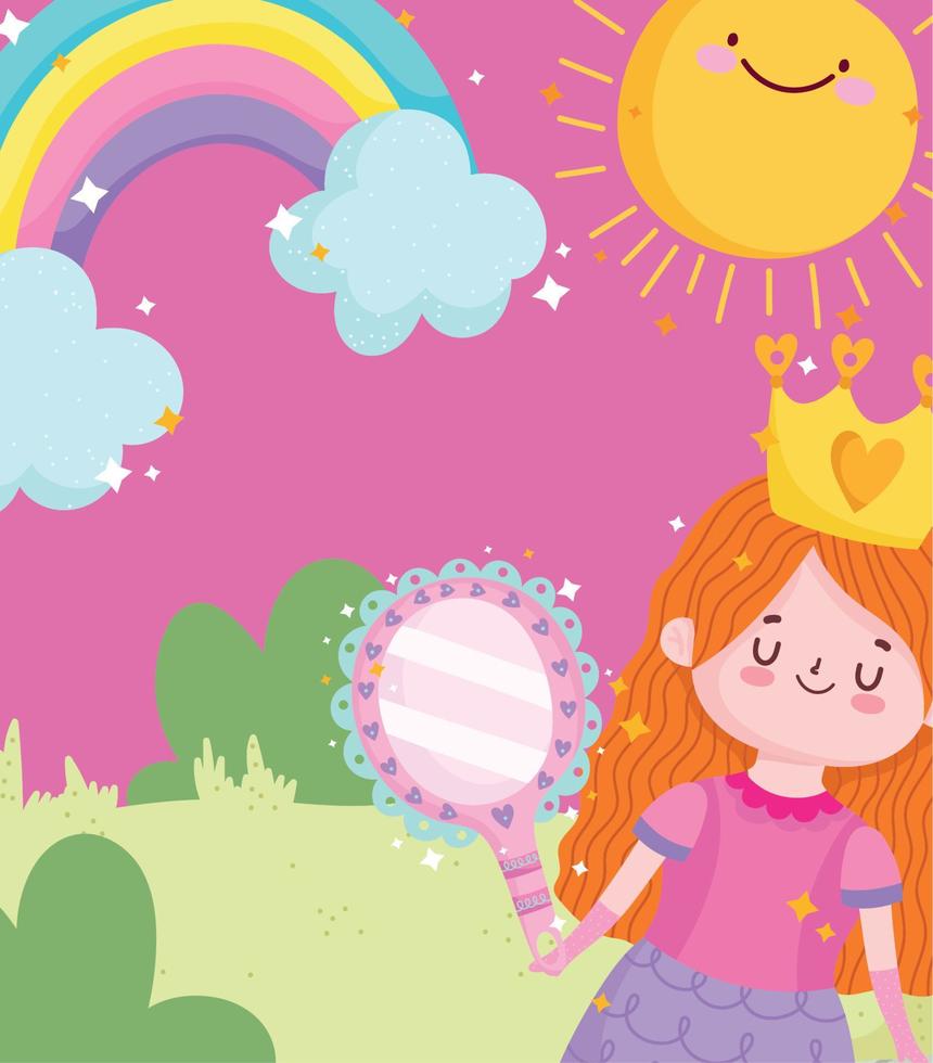 schattig prinses met spiegel kroon regenboog en zon tekenfilm vector