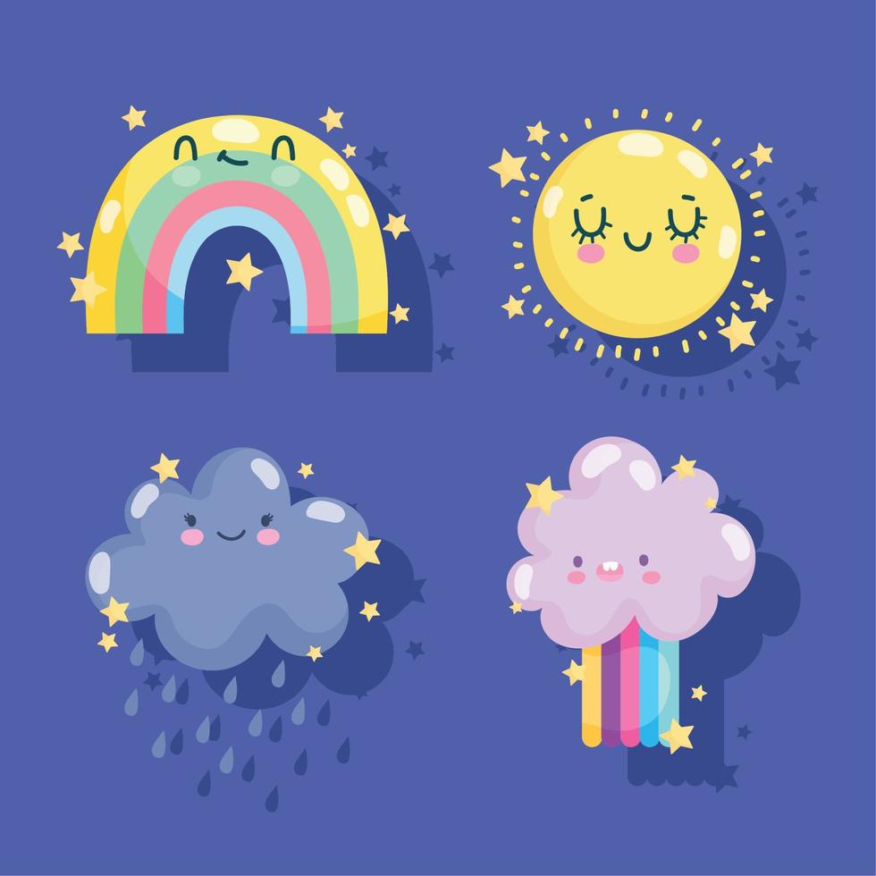 weer pictogrammen reeks schattig regenboog zon wolk regen regenboog grappig decoratie Purper achtergrond vector