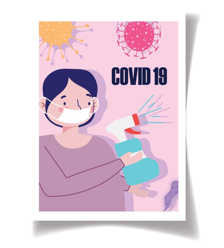 covid 19 het voorkomen vervelend medisch masker en verstuiven ontsmettingsmiddel vector