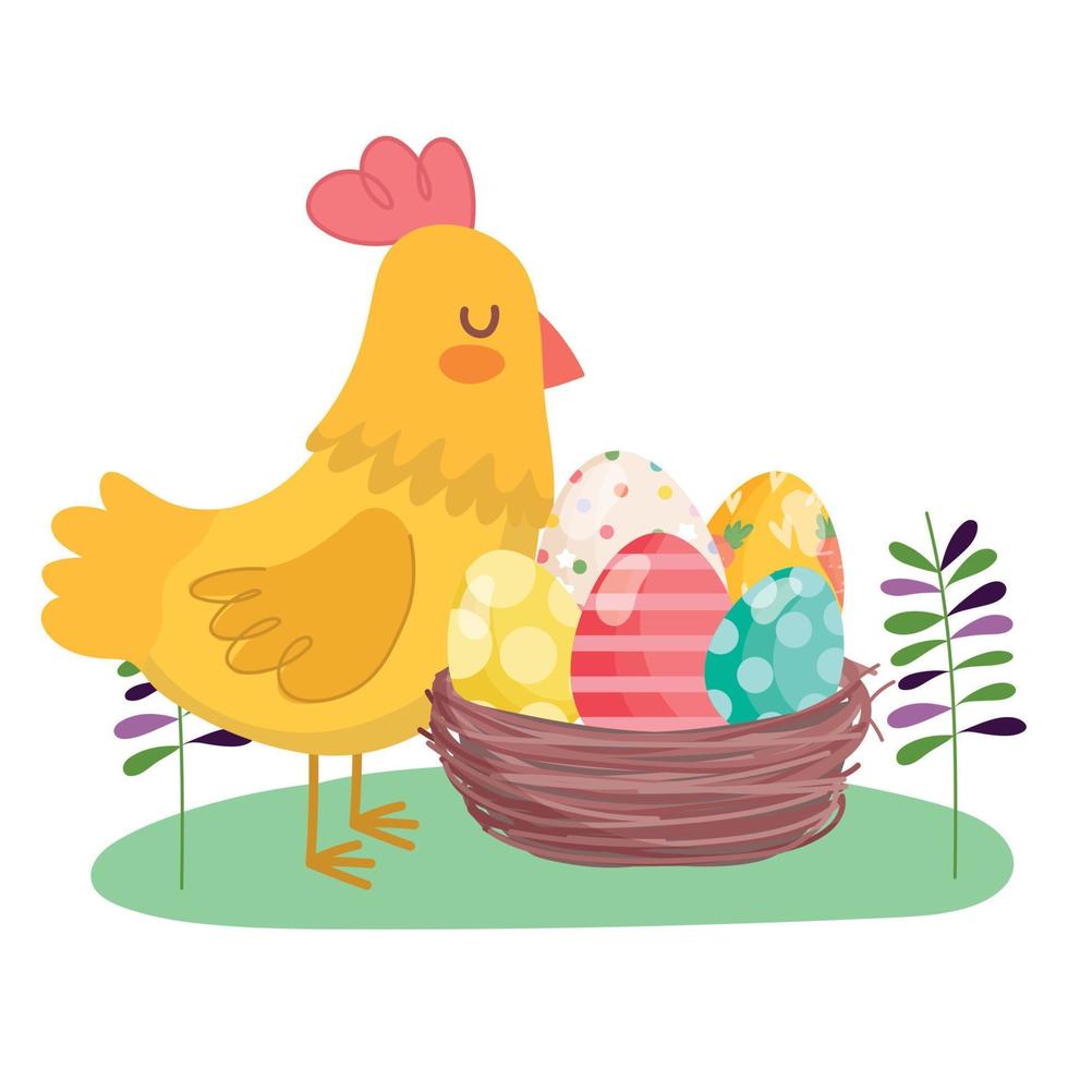 gelukkig Pasen kip met mand gevulde eieren decoratie vector