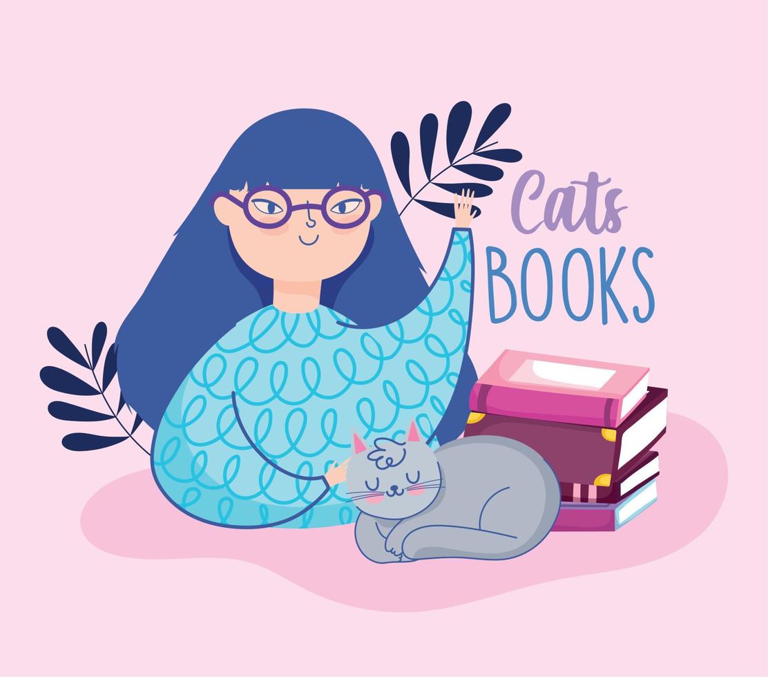 boek dag, tiener meisje met kat en boeken vector