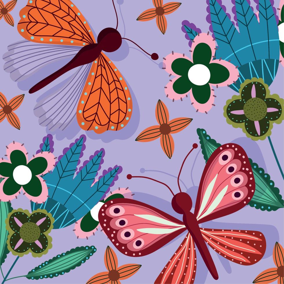 vlinders en bloemen gekleurde fauna en flora decoratie achtergrond vector