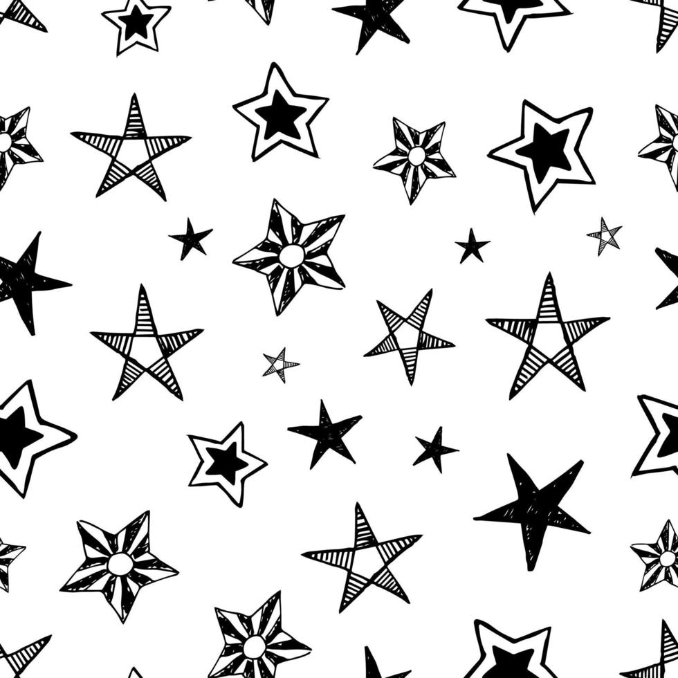 naadloos achtergrond van tekening sterren. zwart hand- getrokken sterren Aan wit achtergrond. vector illustratie