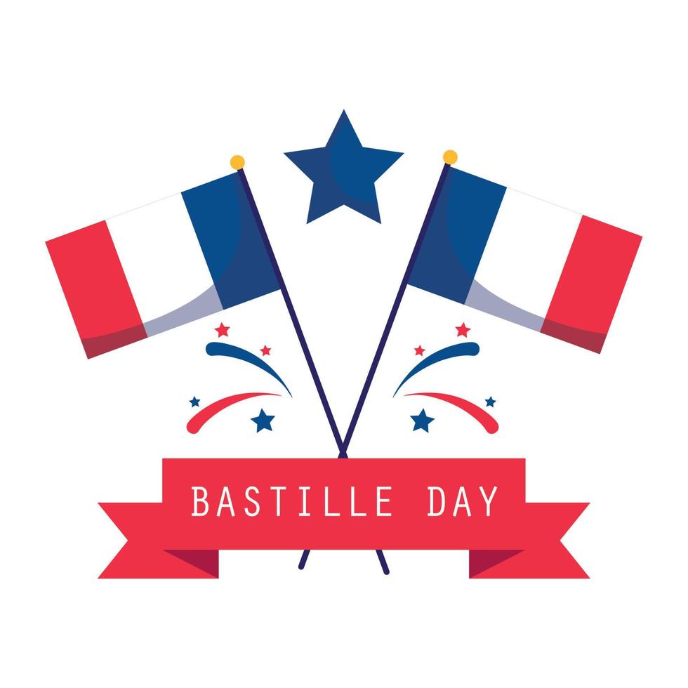 Frankrijk vlaggen met ster en lint van gelukkig Bastille dag vector ontwerp