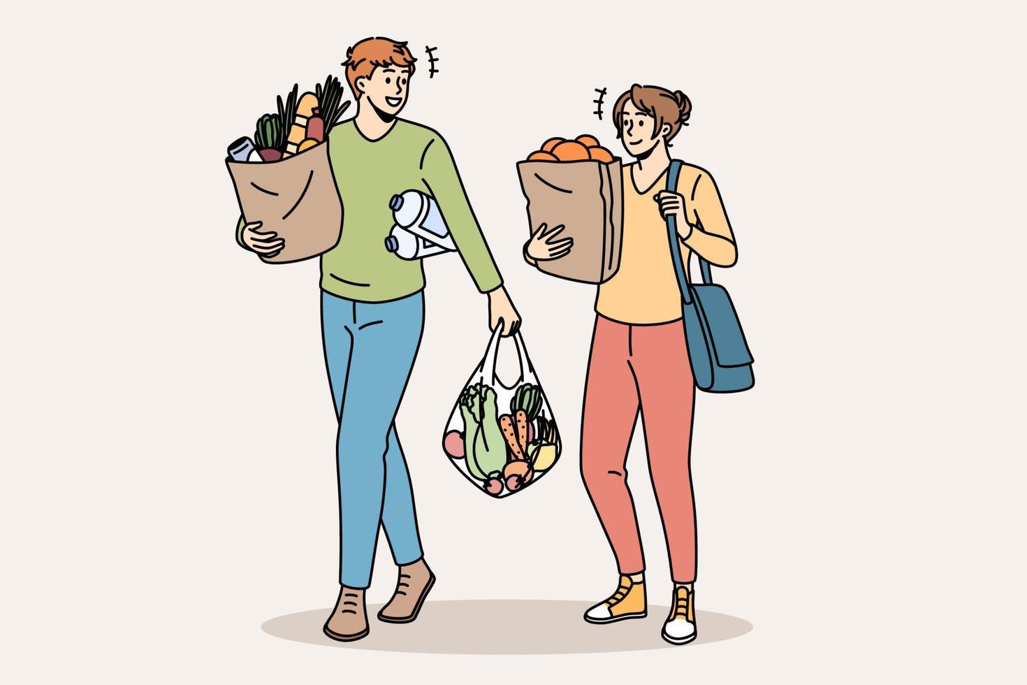 boodschappen doen en buying vers voedsel concept. jong glimlachen paar Mens en vrouw tekenfilm tekens wandelen draag- vers voedsel na gaan naar kruidenier op te slaan vector illustratie