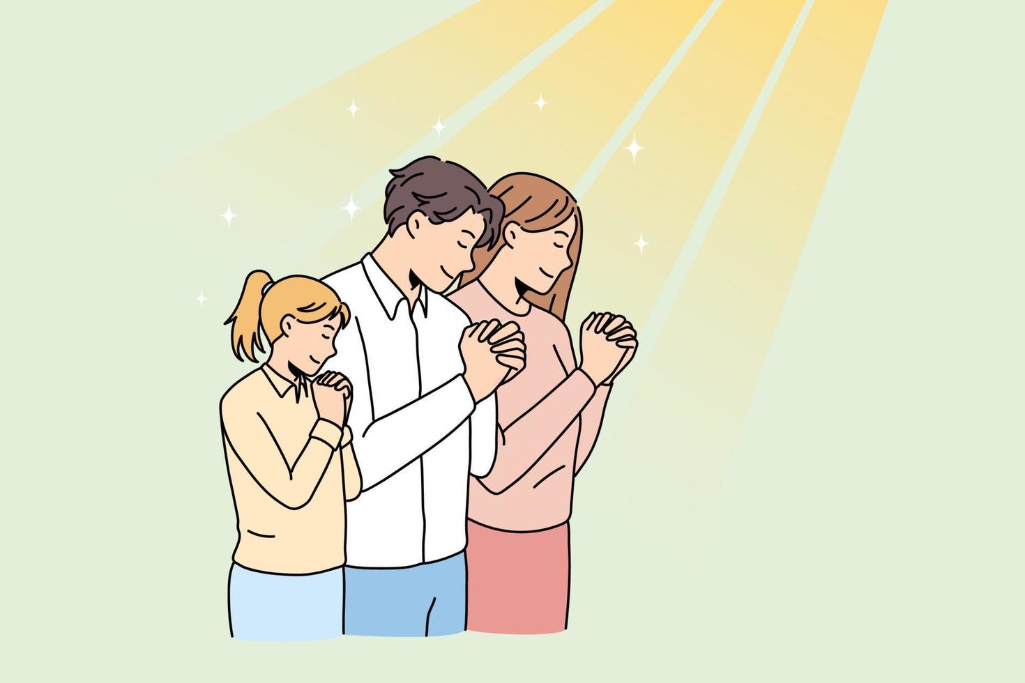 jong familie met kind houden handen in gebed hebben religieus bijgelovig tijd in kerk. ouders met klein kind bidden naar god in kapel. aanbidden en geloof. geloof concept. vlak vector illustratie.