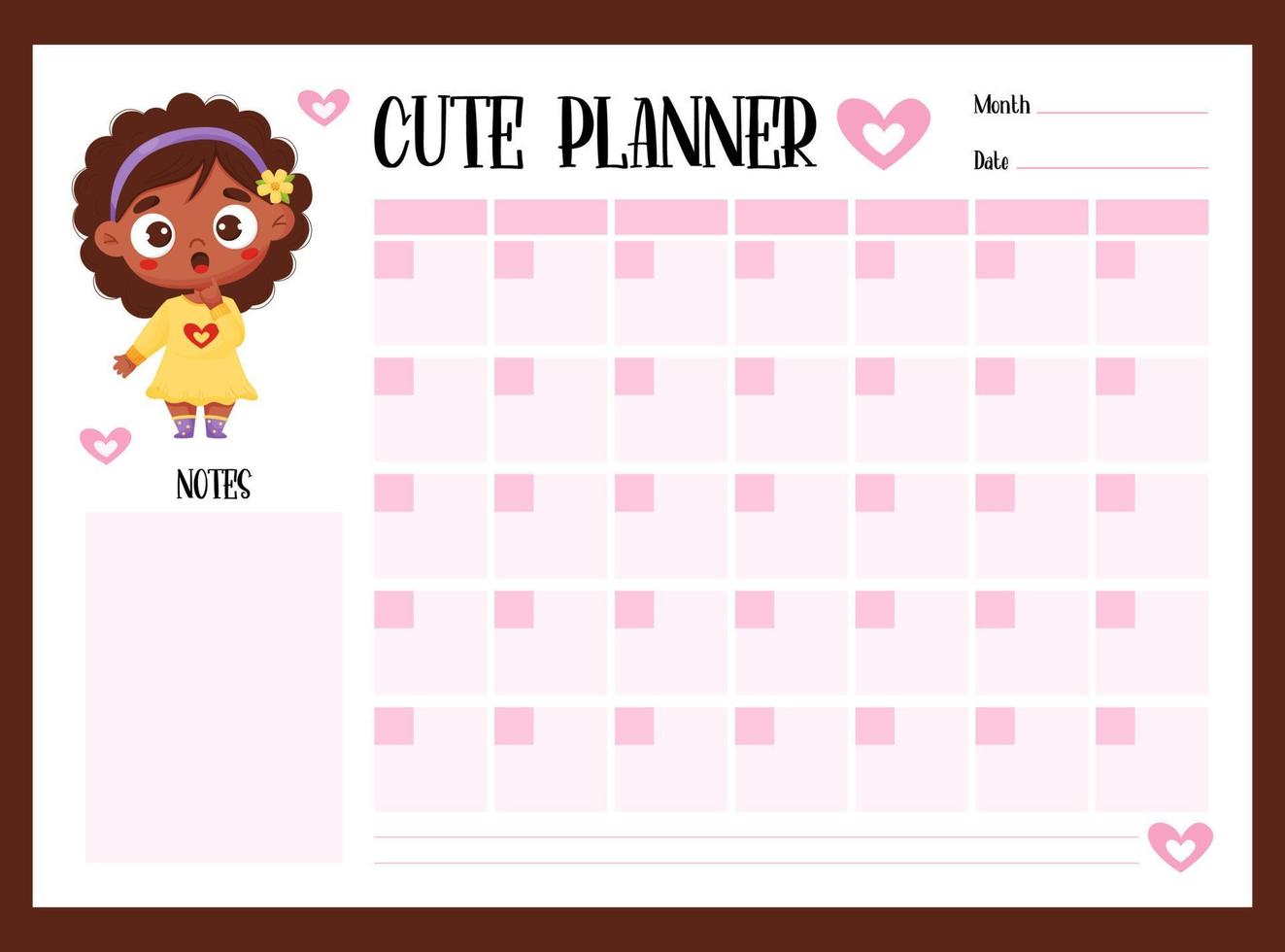 schattig kinderen maandelijks planner, naar Doen en aantekeningen met schattig zwart etnisch meisje. vector horizontaal sjabloon. meisjesachtig organisator in roze voor afdrukken en ontwerp, kinderen verzameling, briefpapier, schema, planning.