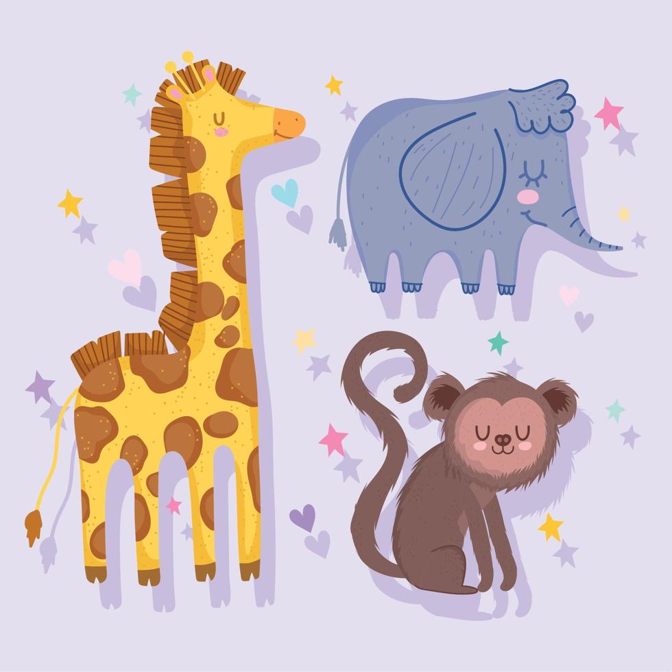 schattig aap giraffe en olifant dier safari tekenfilm met bladeren vector