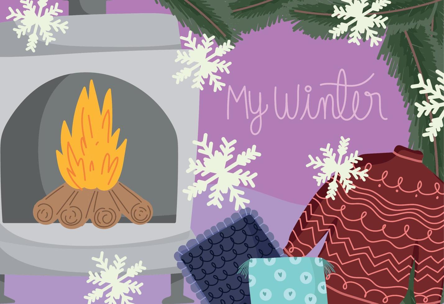 winter met trui schoorsteen kussen en sneeuwvlokken kaart vector