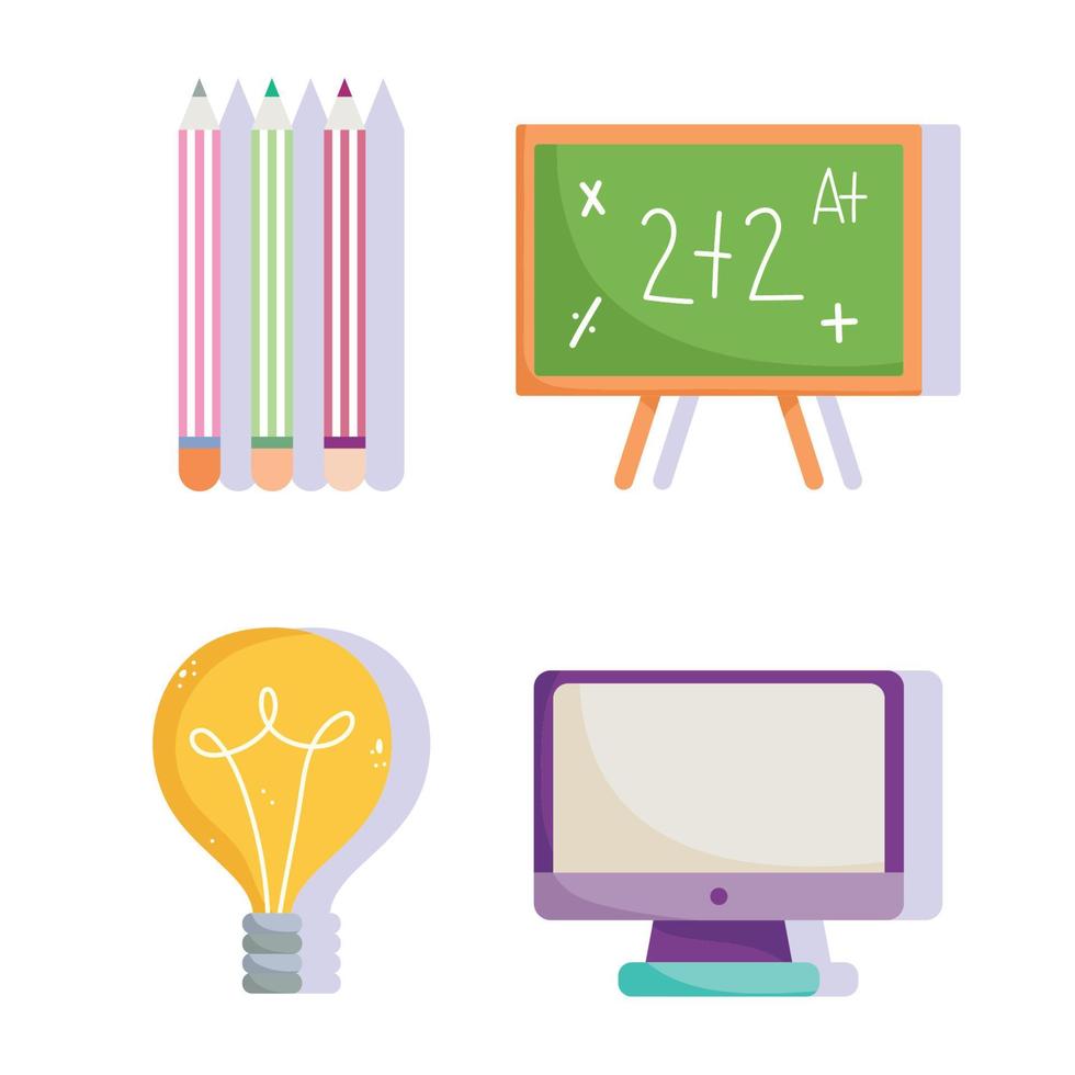 terug naar school, schoolbord computer potloden kleur idee elementair onderwijs tekenfilm pictogrammen vector