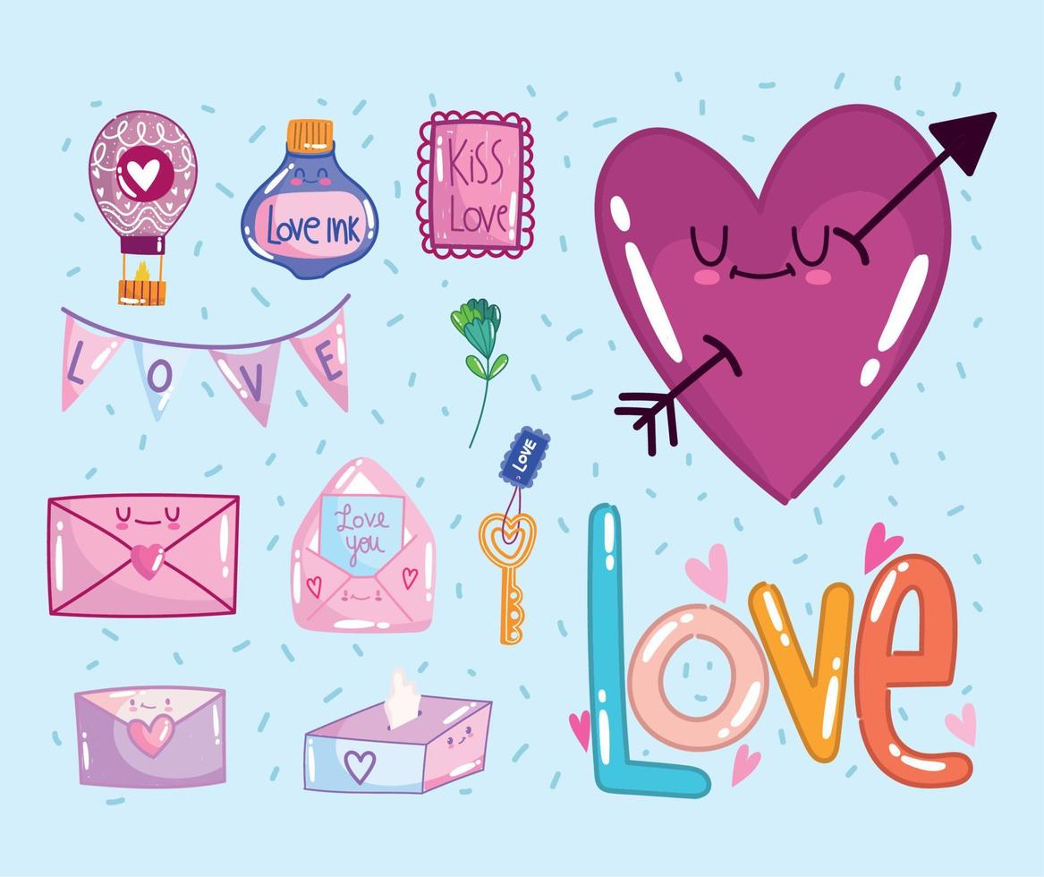 liefde pictogrammen set, hart enveloppe bericht bloem romantisch in tekenfilm stijl vector