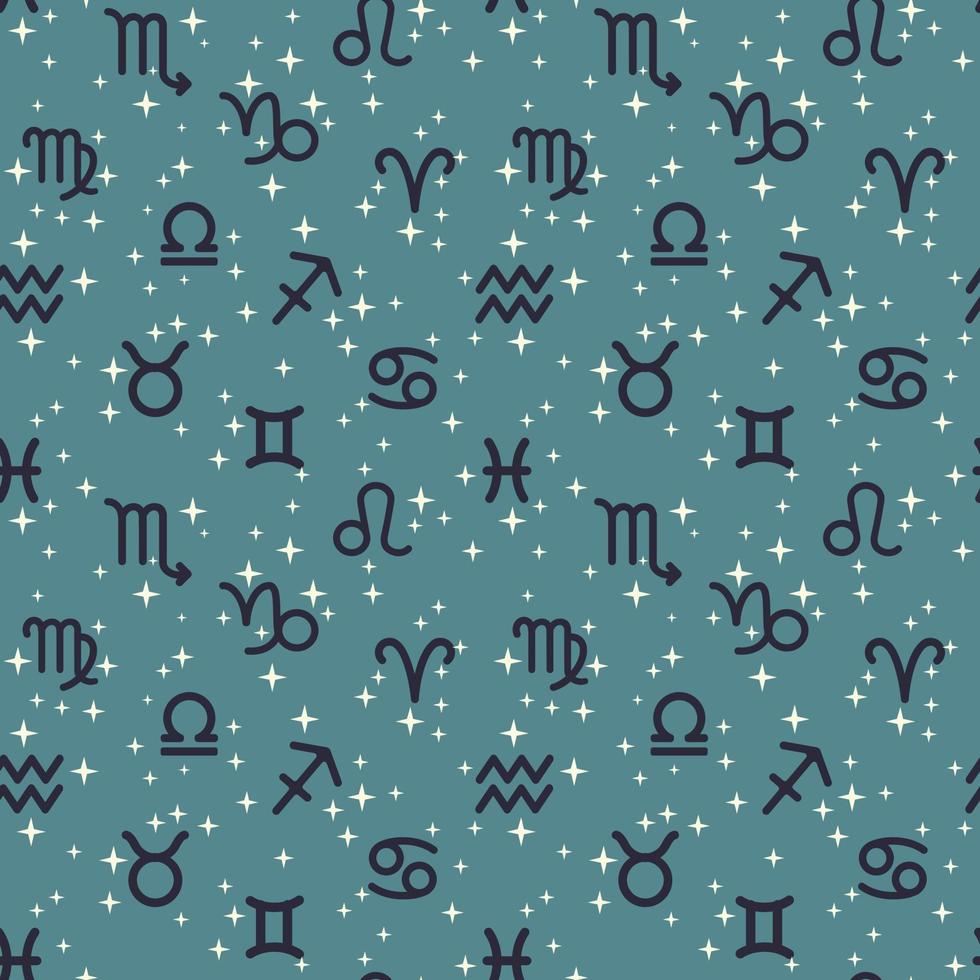 elementen van de dierenriem tekens Aan een blauw achtergrond met sterren. herhalende naadloos patroon voor het drukken Aan textiel en papier. van bed linnen naar flyers. vector