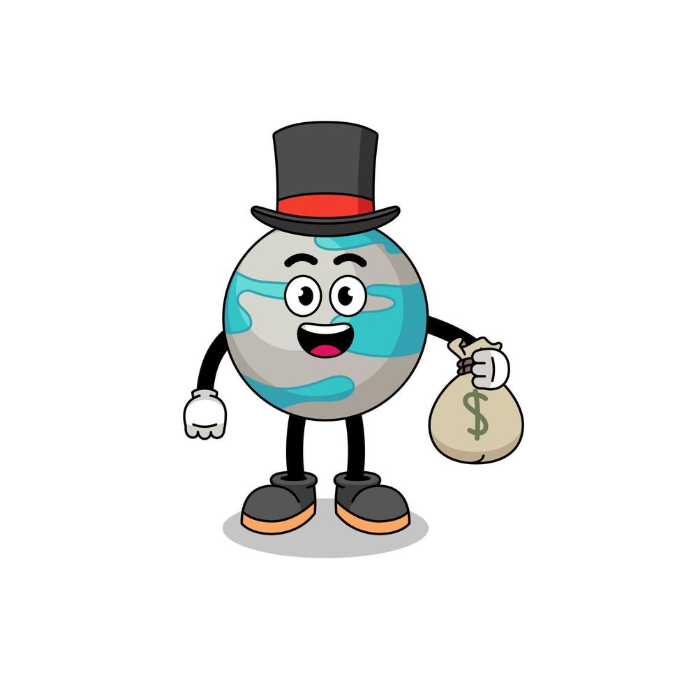 planeet mascotte illustratie rijk Mens Holding een geld zak vector