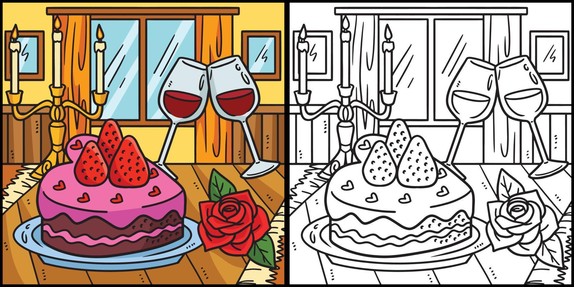 taart, kaarsen en wijn kleur bladzijde illustratie vector