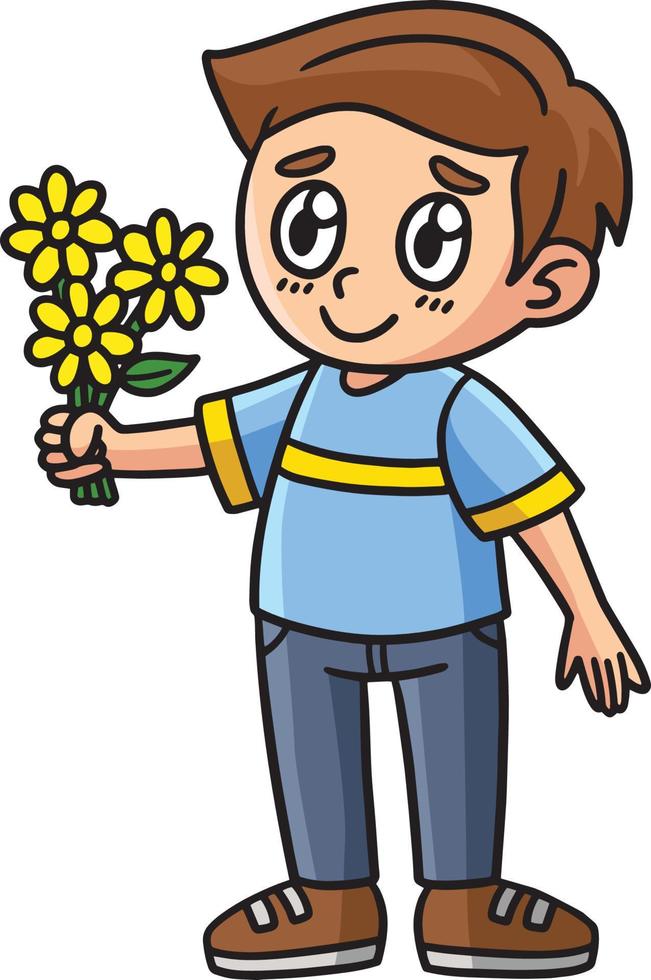 jongen Holding bloemen tekenfilm gekleurde clip art vector