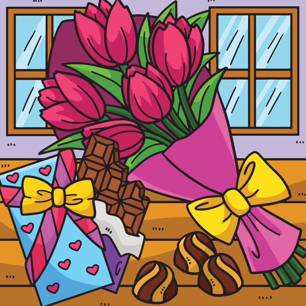 boeket van bloemen en chocolaatjes gekleurde tekenfilm vector