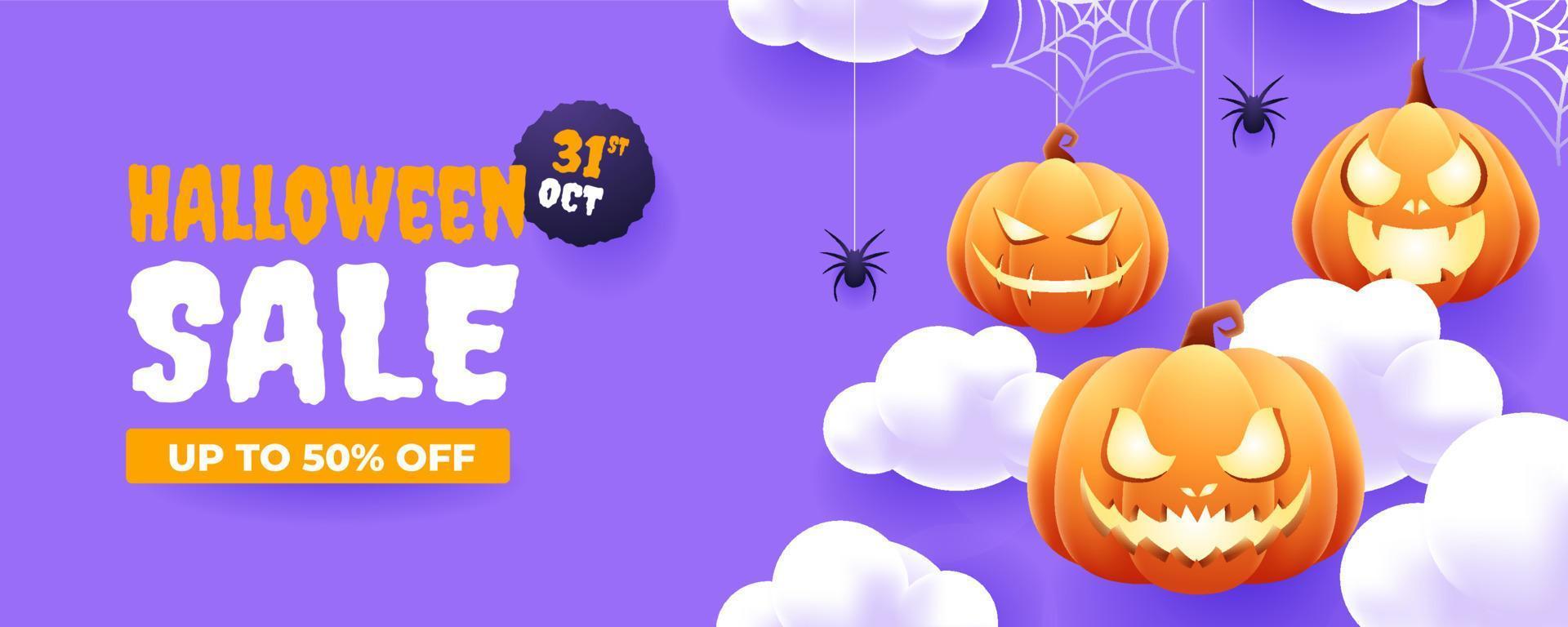 gelukkig halloween korting Promotie uitverkoop banier sjabloon ontwerp met 3d halloween pompoen en spin in wolk vector