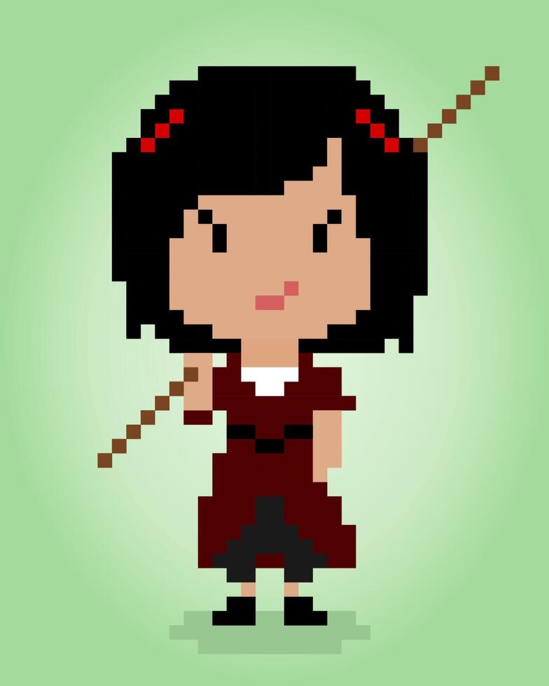 8-bits pixel van het schattige meisje dat een stok draagt. cartoon vrouwen in vectorillustraties. vector