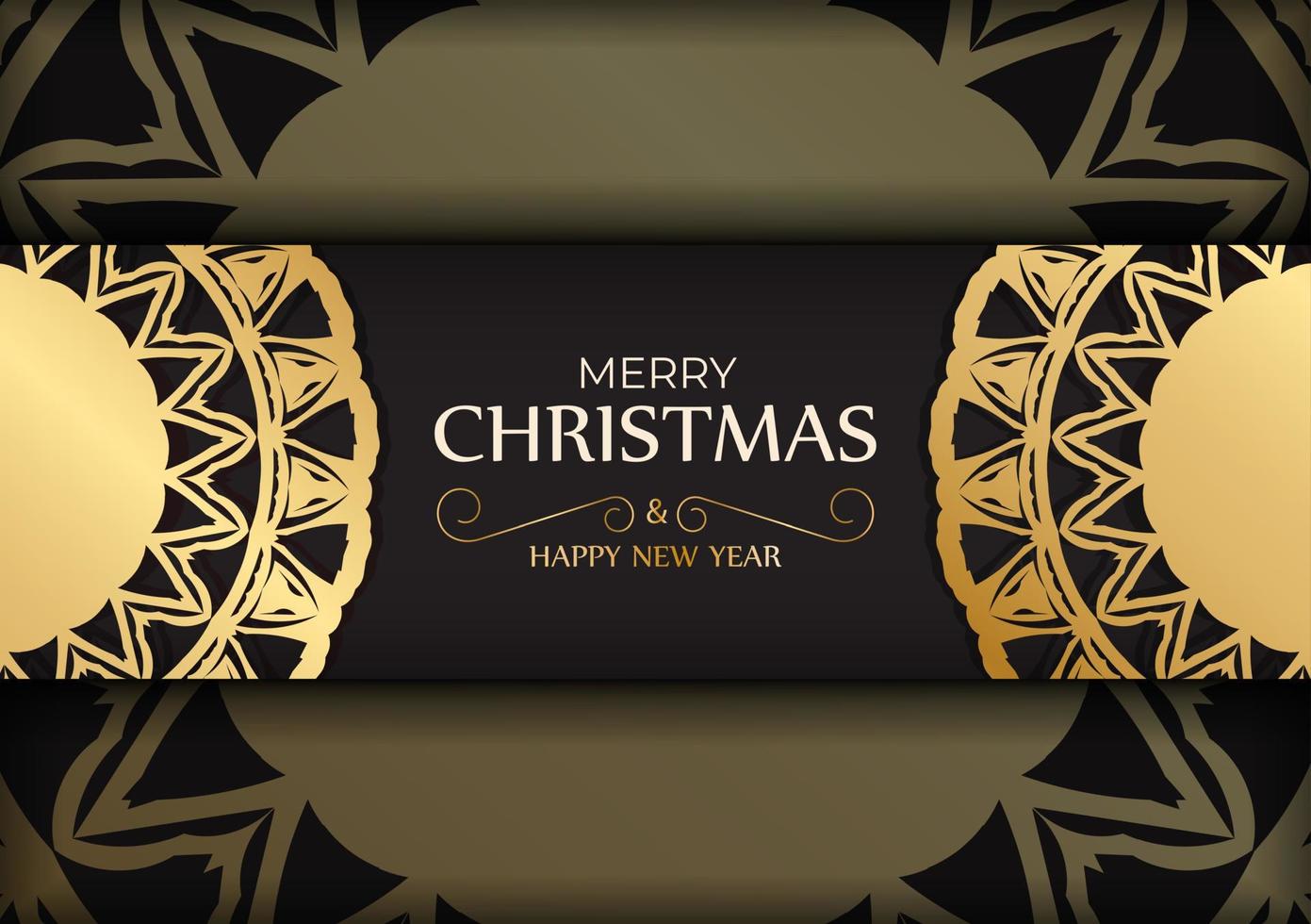 ansichtkaart sjabloon gelukkig nieuw jaar en vrolijk Kerstmis in zwart kleur met goud ornamenten. vector