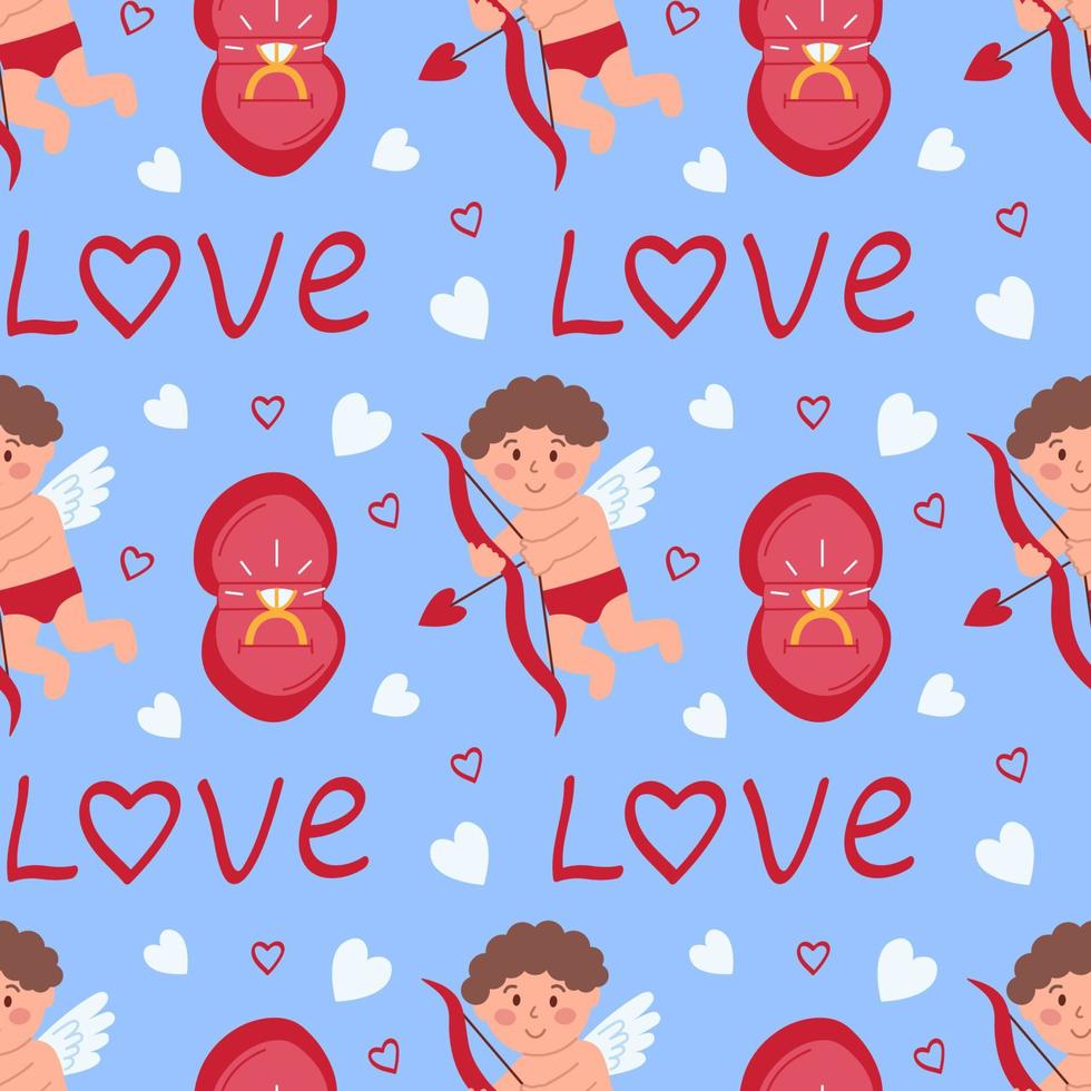 romantisch naadloos patroon met Cupido, ring in geschenk doos, harten en woord liefde. vlak vector illustratie voor Valentijnsdag dag, bruiloft