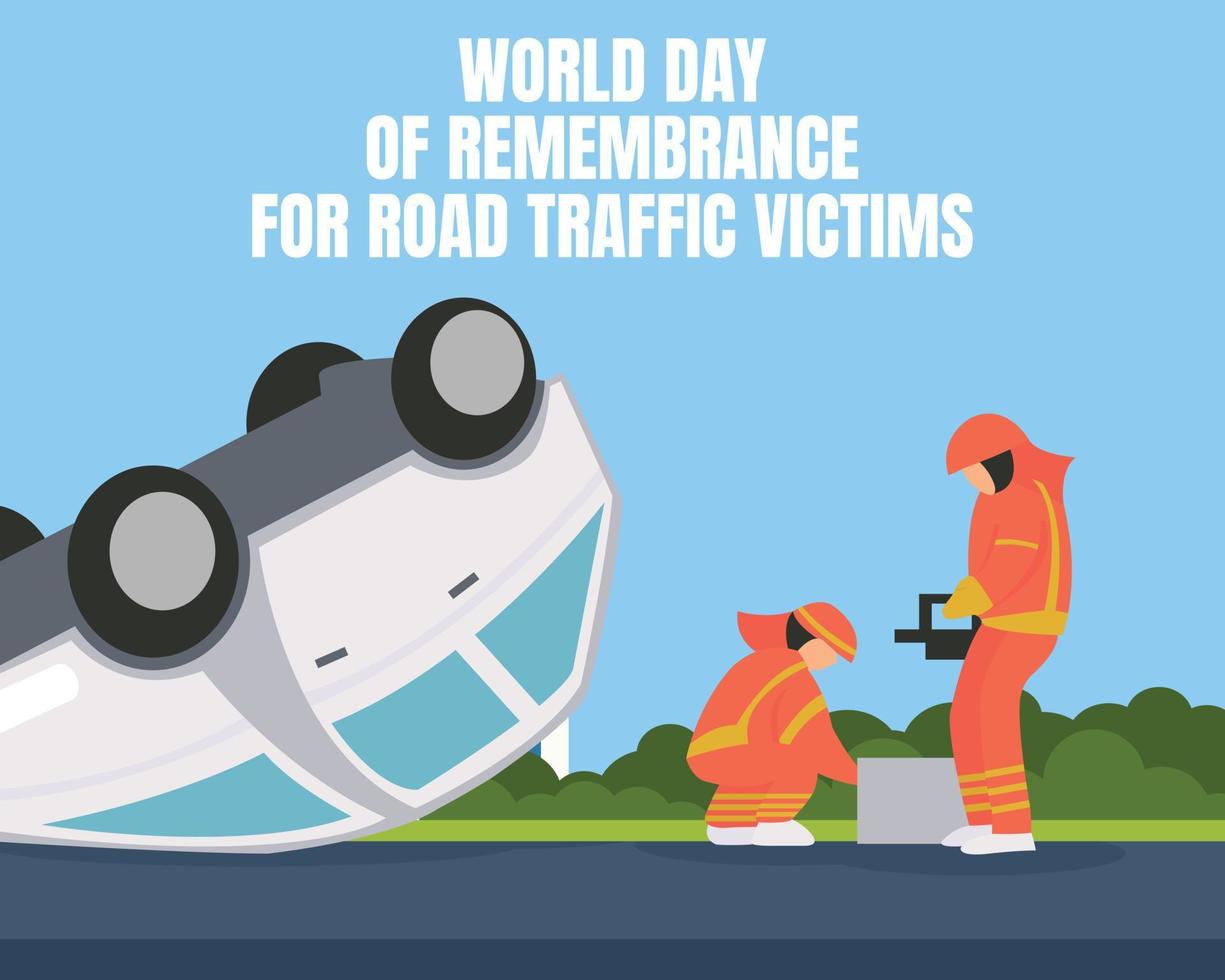 illustratie vector grafisch van officieren helpen ongeluk slachtoffers, tonen een vernietigd auto Aan de weg, perfect voor Internationale dag, herinnering voor weg verkeer slachtoffers, vieren, groet kaart.
