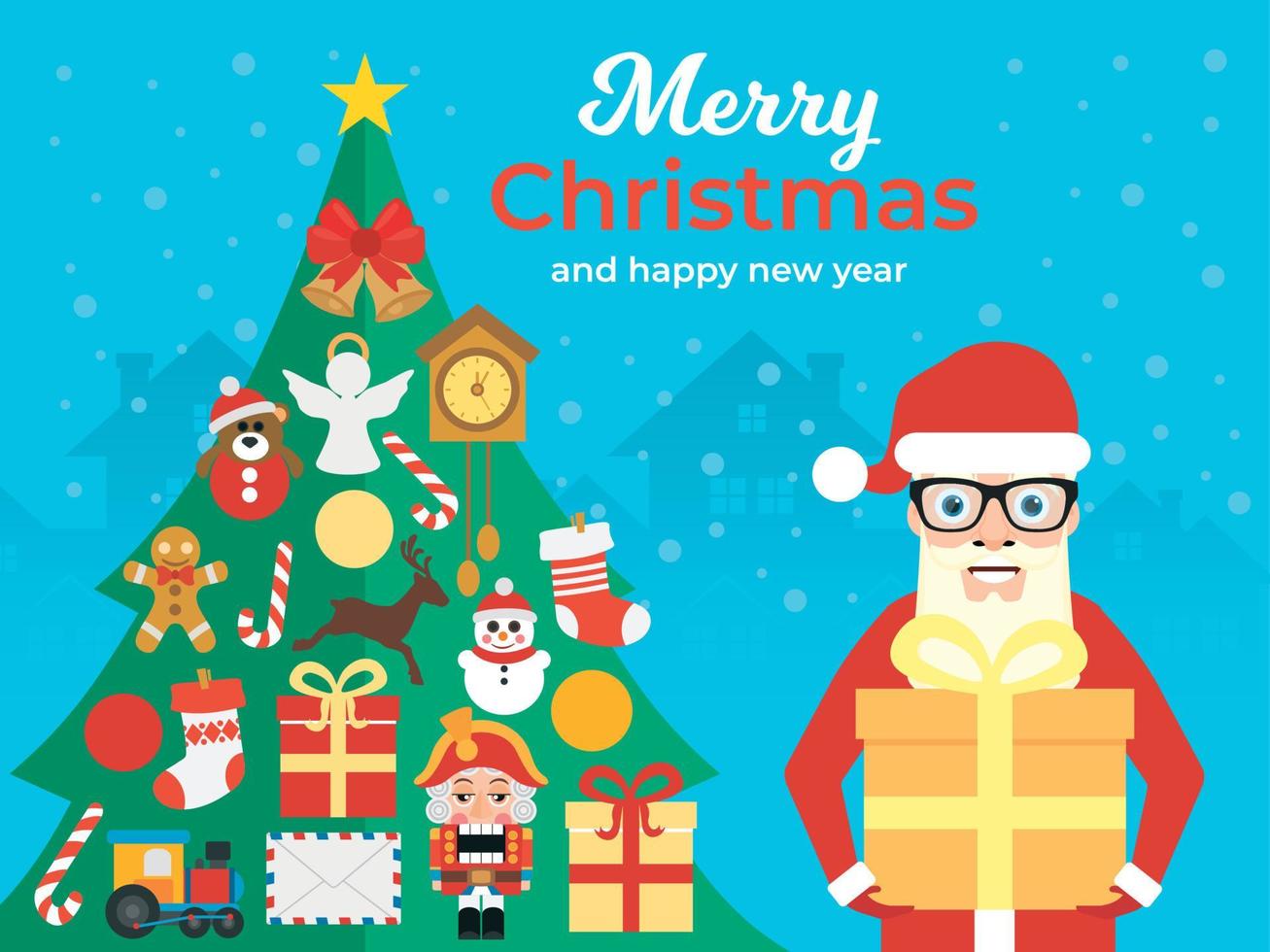 vrolijk Kerstmis en gelukkig nieuw jaar groeten concept ontwerp vlak met Kerstmis boom en de kerstman claus vector
