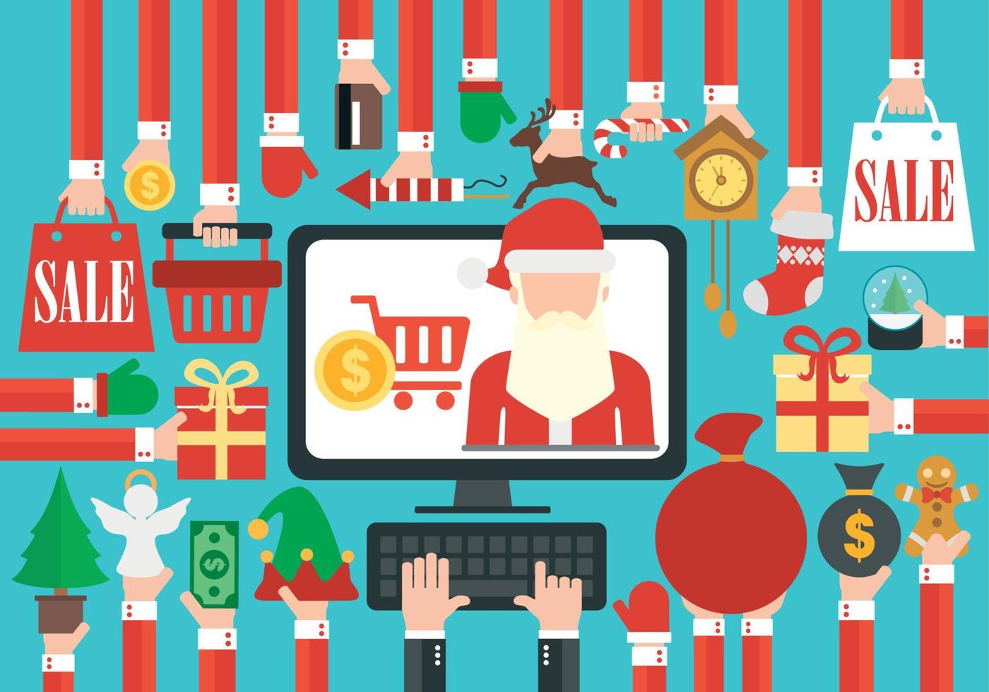 vrolijk kerst, gelukkig nieuw jaar concept ontwerp uitverkoop online vlak de kerstman claus vector