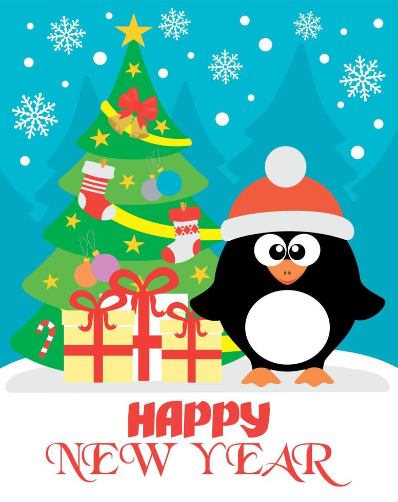 gelukkig nieuw jaar kaart met grappig pinguïn vector