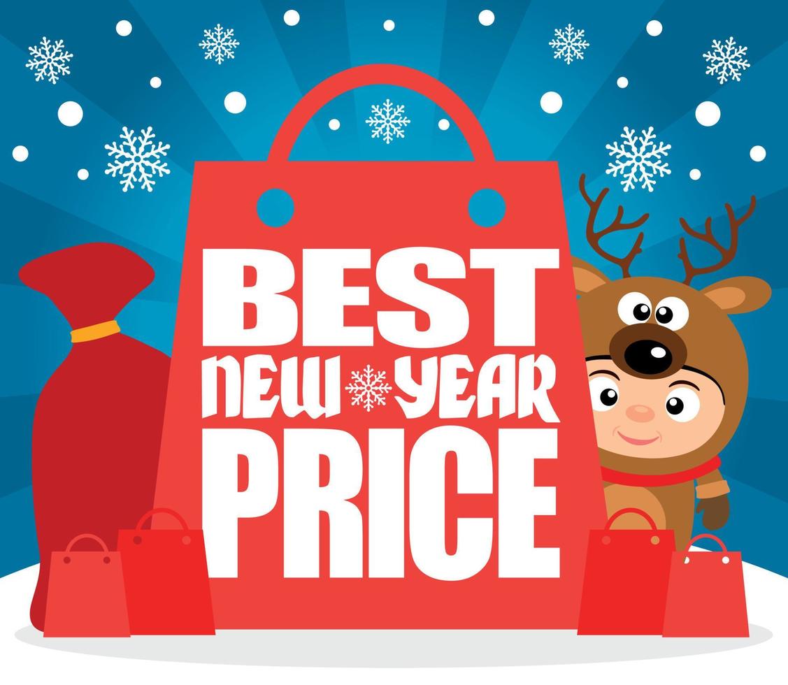 het beste nieuw jaar prijs kaart met kind in kostuum hert vector