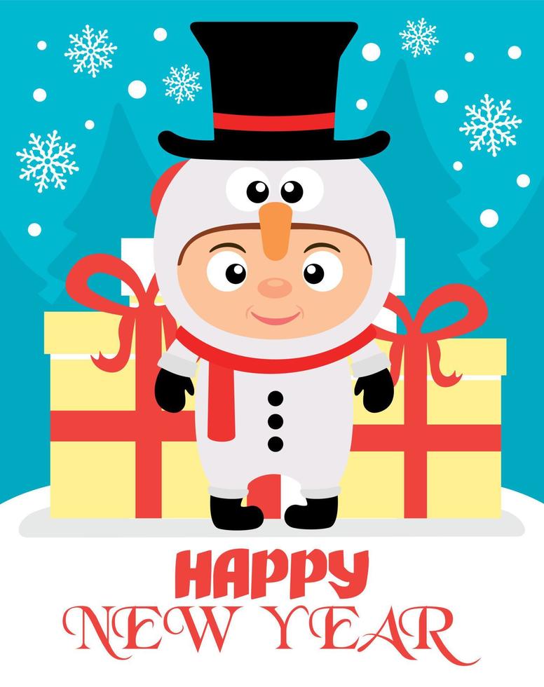 gelukkig nieuw jaar achtergrond met kind in kostuum sneeuwman vector
