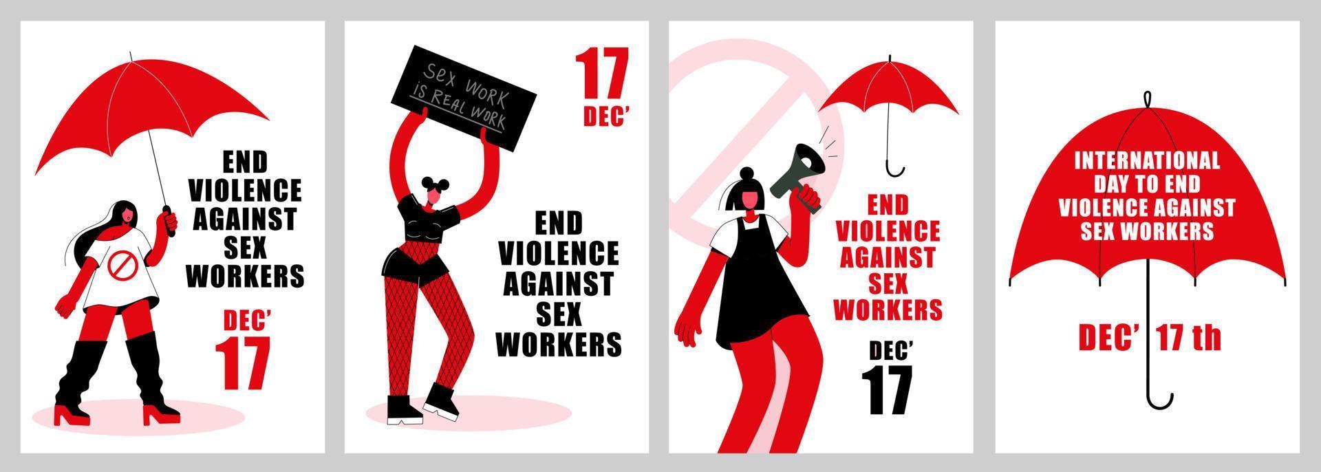 een reeks van posters met protesteren prostituees. Internationale dag naar einde geweld tegen seks arbeiders. vector