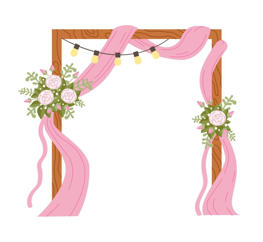 houten bruiloft boog met linten en bloemen. een mooi bruiloft. roze rozen, lantaarns en licht bollen vector