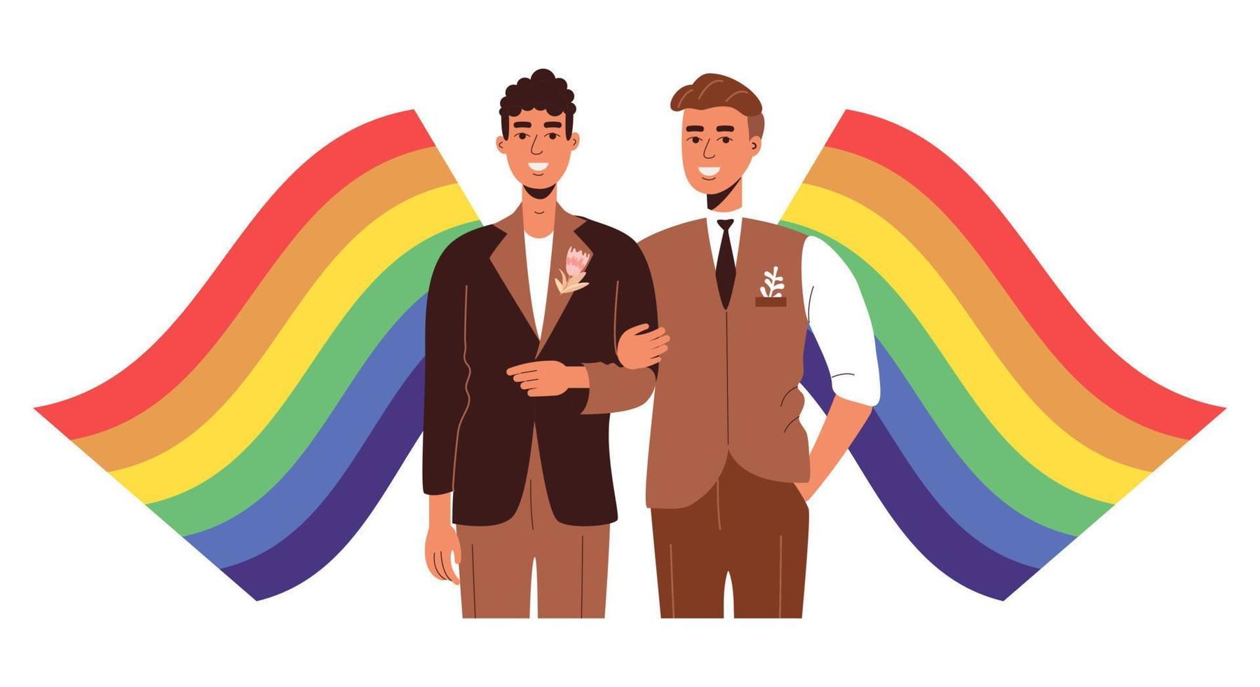 homo bruiloft. twee mannen in liefde en regenboog lgbt vlaggen. mooi mannen in een smoking vector