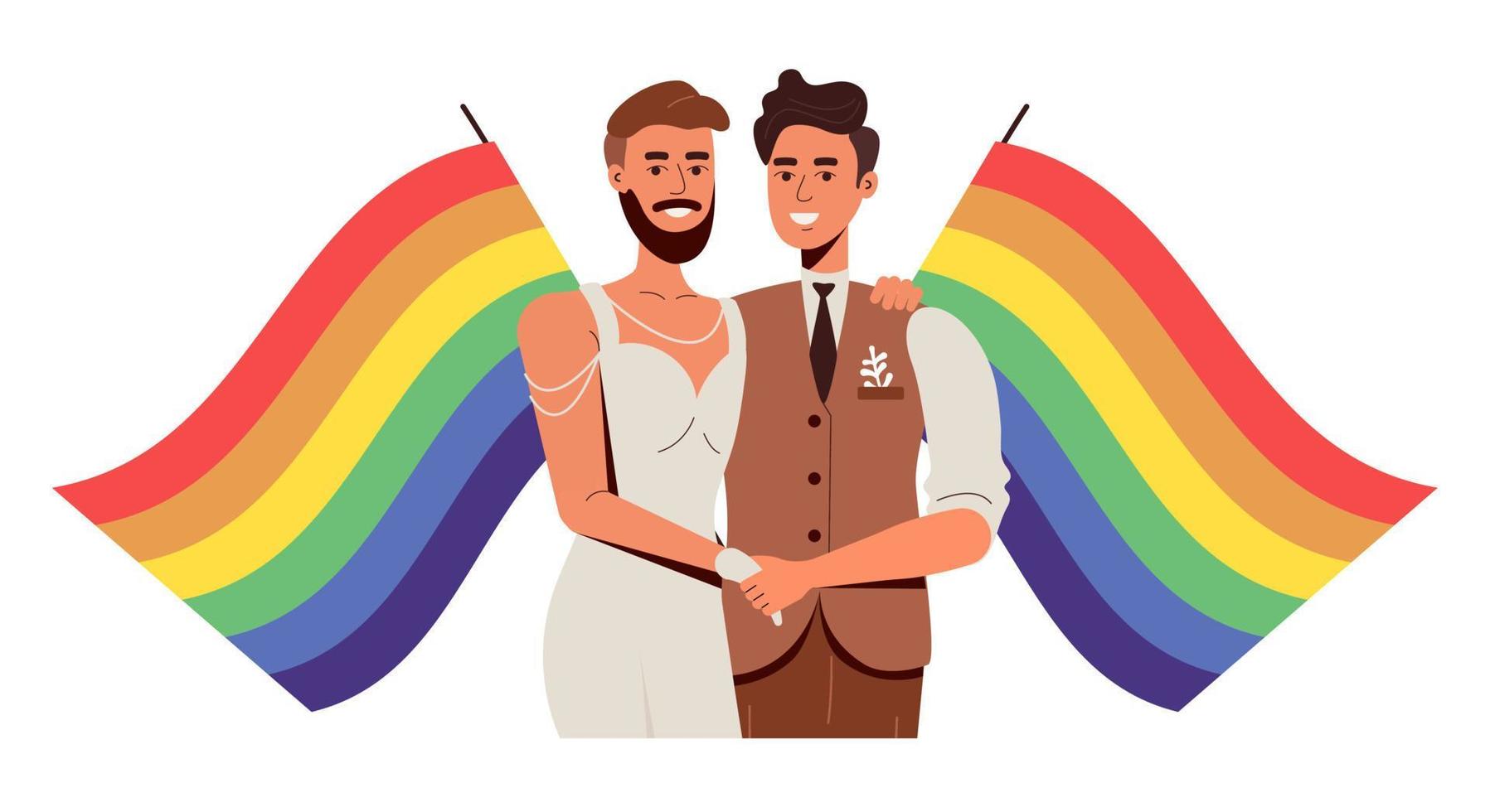 homo bruiloft. twee mannen in liefde en regenboog lgbt vlaggen. een knap Mens in een bruiloft jurk vector