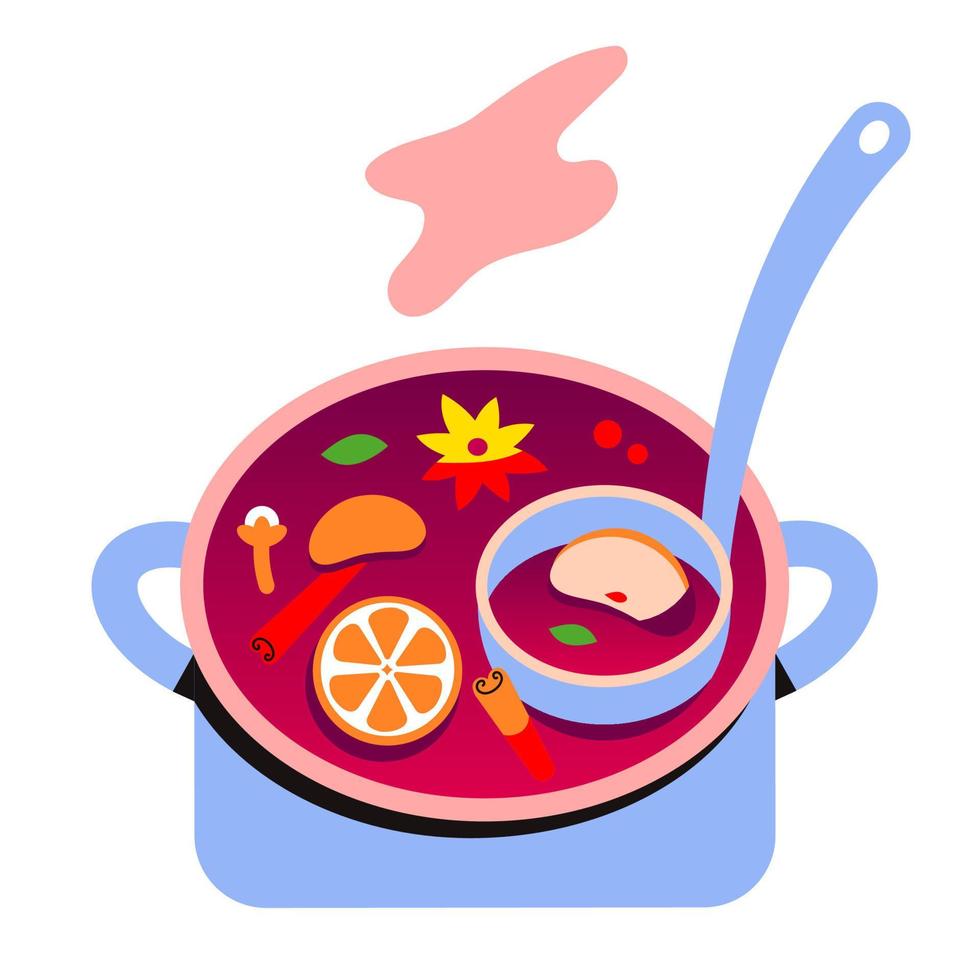 fruit thee in een pan. recept voor opwarming overwogen wijn, sangria, stompen, grog. heet wijn, fruit en specerijen vector