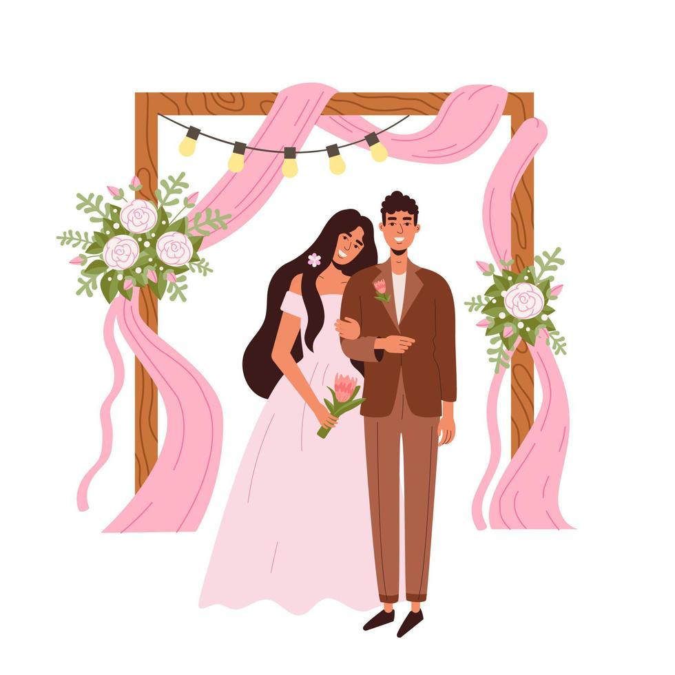 pasgetrouwden Bij een bruiloft ceremonie. roze boog met bloemen gemaakt van hout. een meisje in een bruiloft jurk vector