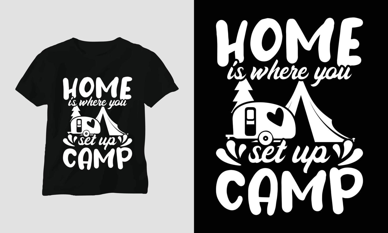 camping SVG ontwerp met kamp, tent, berg, rinkelen, boom, lint, wandelen silhouet vector