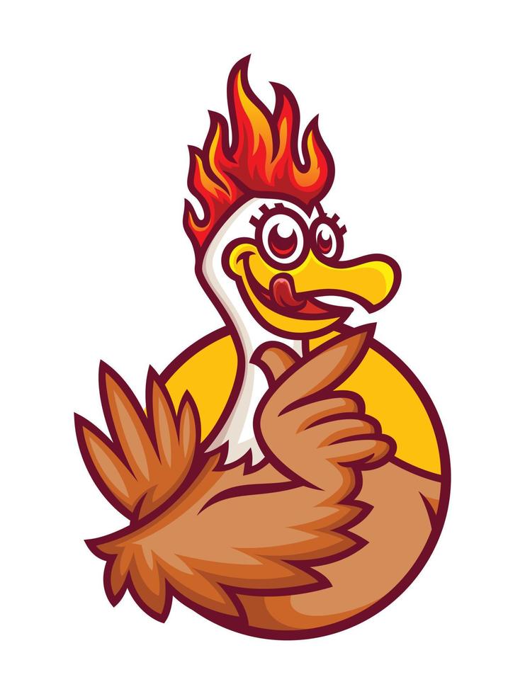 een gelukkig grappig tekenfilm haan kip brand geven een duimen omhoog, geschikt voor restaurant bedrijf, vector logo illustratie