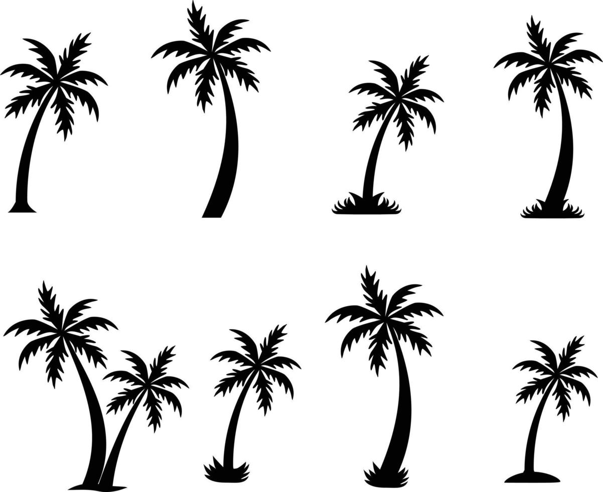 zwart palm bomen reeks Aan wit achtergrond. palm silhouetten. tropisch palm bomen teken. vlak stijl. vector