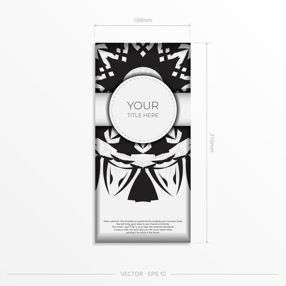 luxueus klaar om te printen ansichtkaart ontwerp in wit met zwart patronen. vector uitnodiging kaart sjabloon met plaats voor uw tekst en abstract ornament.