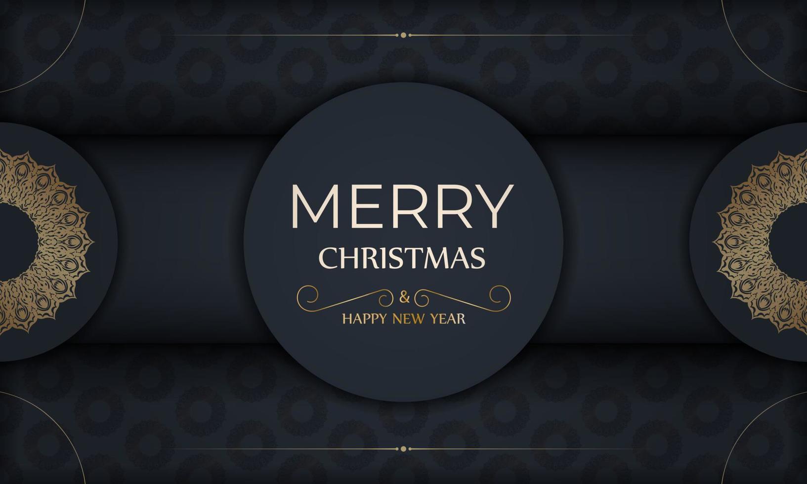 vrolijk Kerstmis en gelukkig nieuw jaar groet brochure sjabloon in donker blauw kleur met luxe goud ornamenten vector