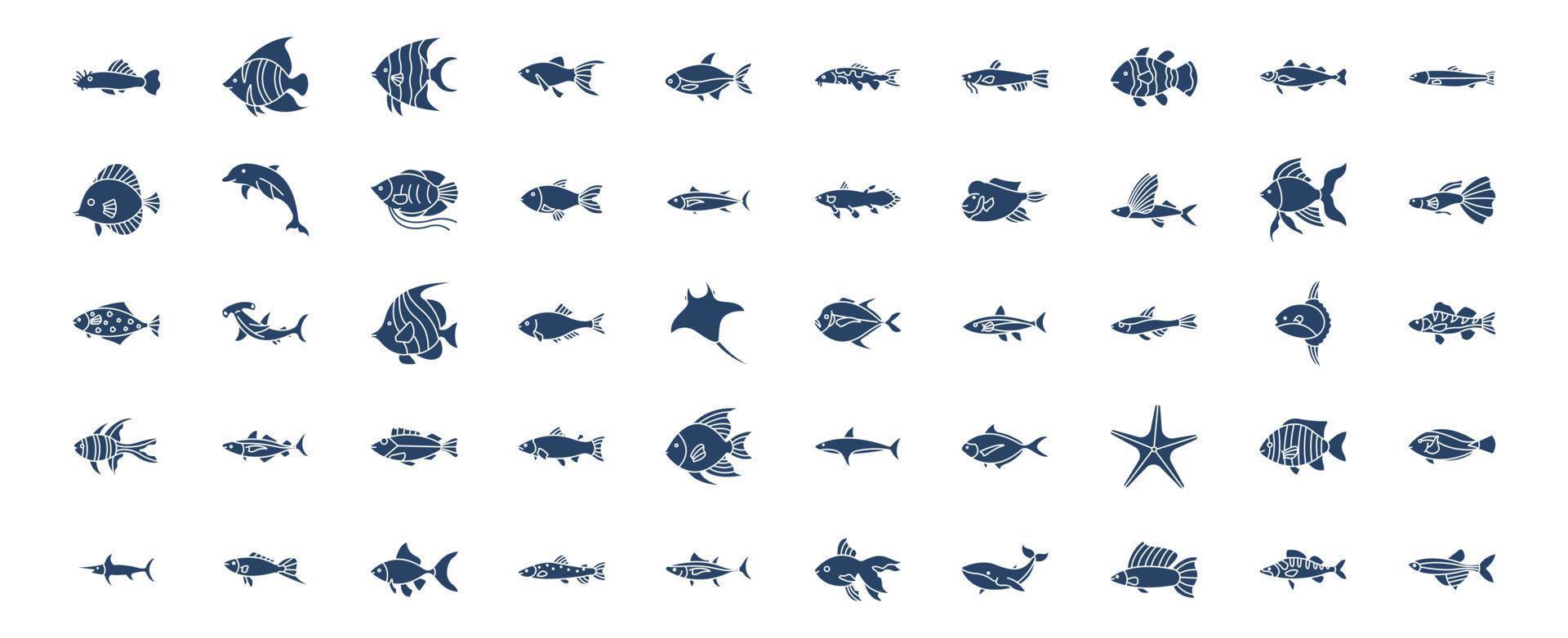 verzameling van pictogrammen verwant naar vissen, inclusief pictogrammen Leuk vinden dolfijn, ster vis, walvis, haai vis en meer. vector illustraties, pixel perfect reeks