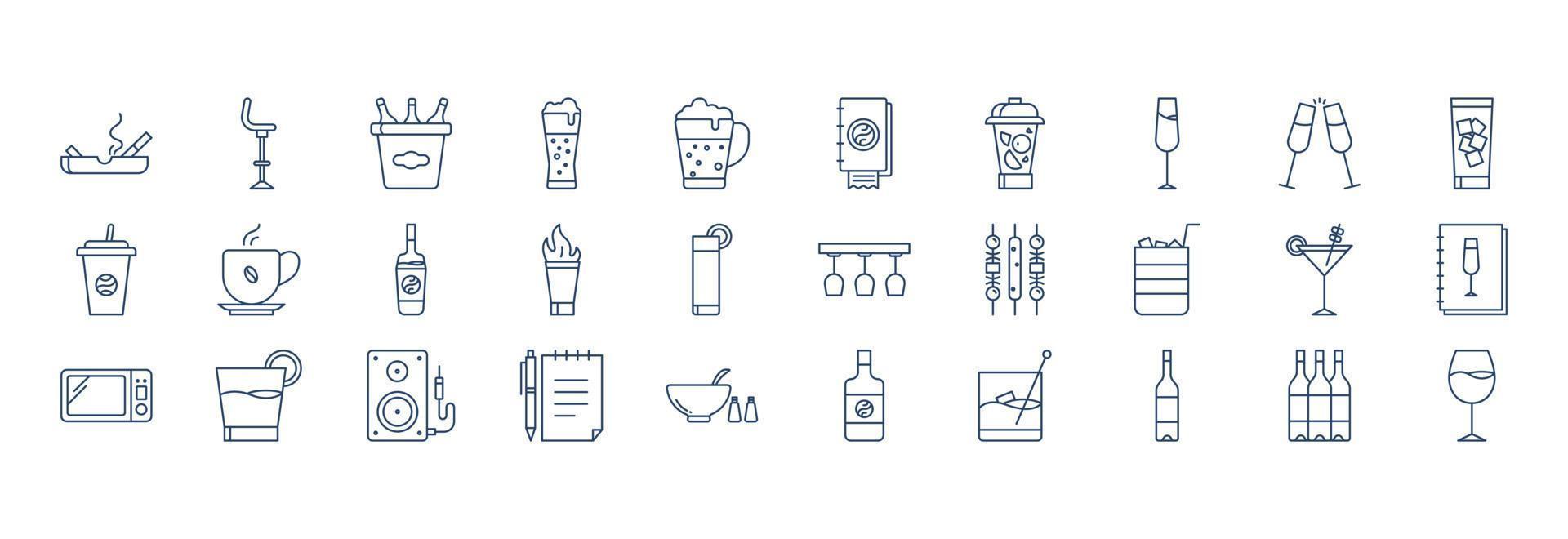 verzameling van pictogrammen verwant naar bar en cafe, inclusief pictogrammen Leuk vinden bier glas, Champagne, cocktail en meer. vector illustraties, pixel perfect reeks