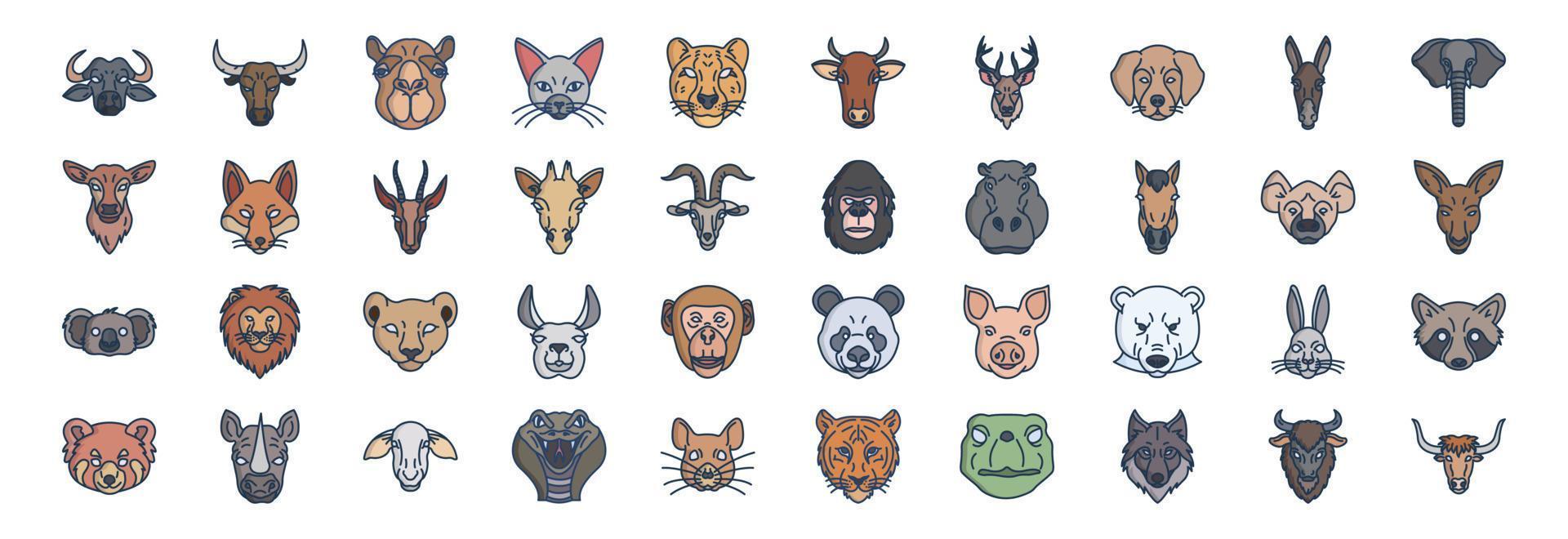 verzameling van pictogrammen verwant naar dier gezichten, inclusief pictogrammen Leuk vinden hond, olifant, kat, kameel en meer. vector illustraties, pixel perfect reeks