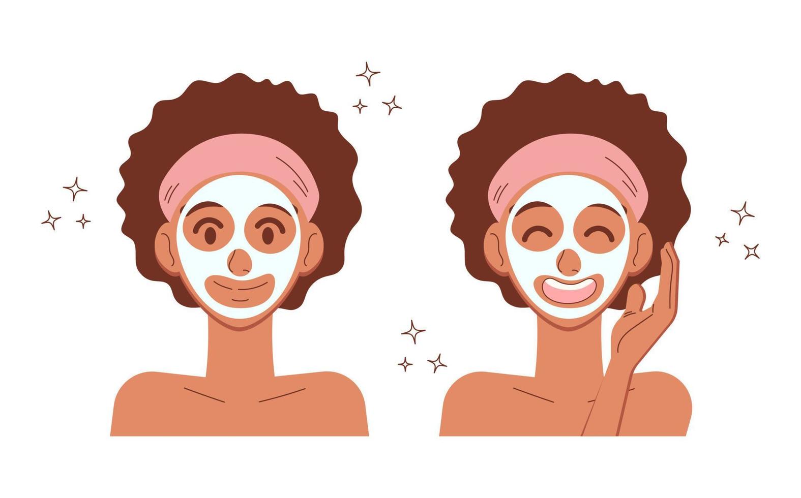 jong vrouw toepassen klei gezicht masker. Afrikaanse Amerikaans meisje huidsverzorging spa gelaats behandeling concept. portret reeks in vlak stijl. vector illustratie geïsoleerd Aan wit achtergrond.
