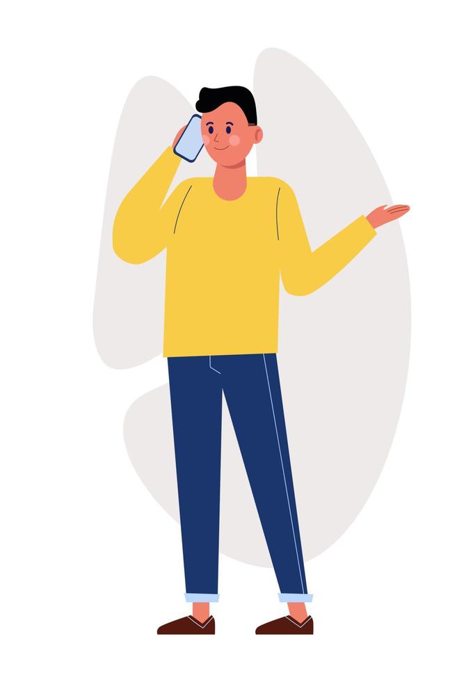 Mens in gewoontjes kleding met telefoon praten. karakter in tekenfilm vlak stijl. vector illustratie geïsoleerd Aan wit achtergrond.