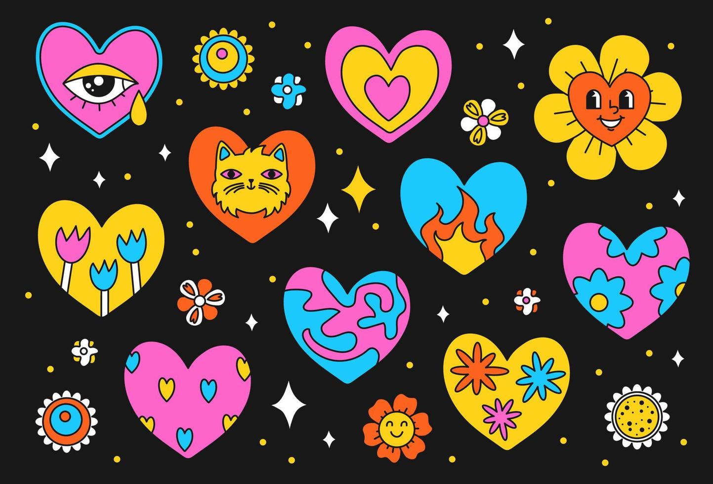 een reeks van helder kinderen stickers in retro stijl. wijnoogst psychedelisch harten. meisjesachtig patches vector