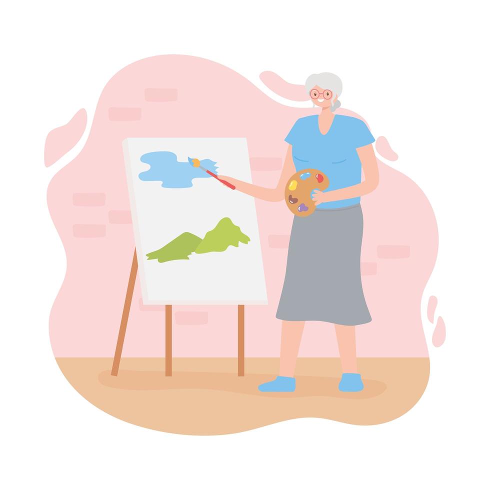 senior vrouw schilderij landschap van heuvels en lucht vector