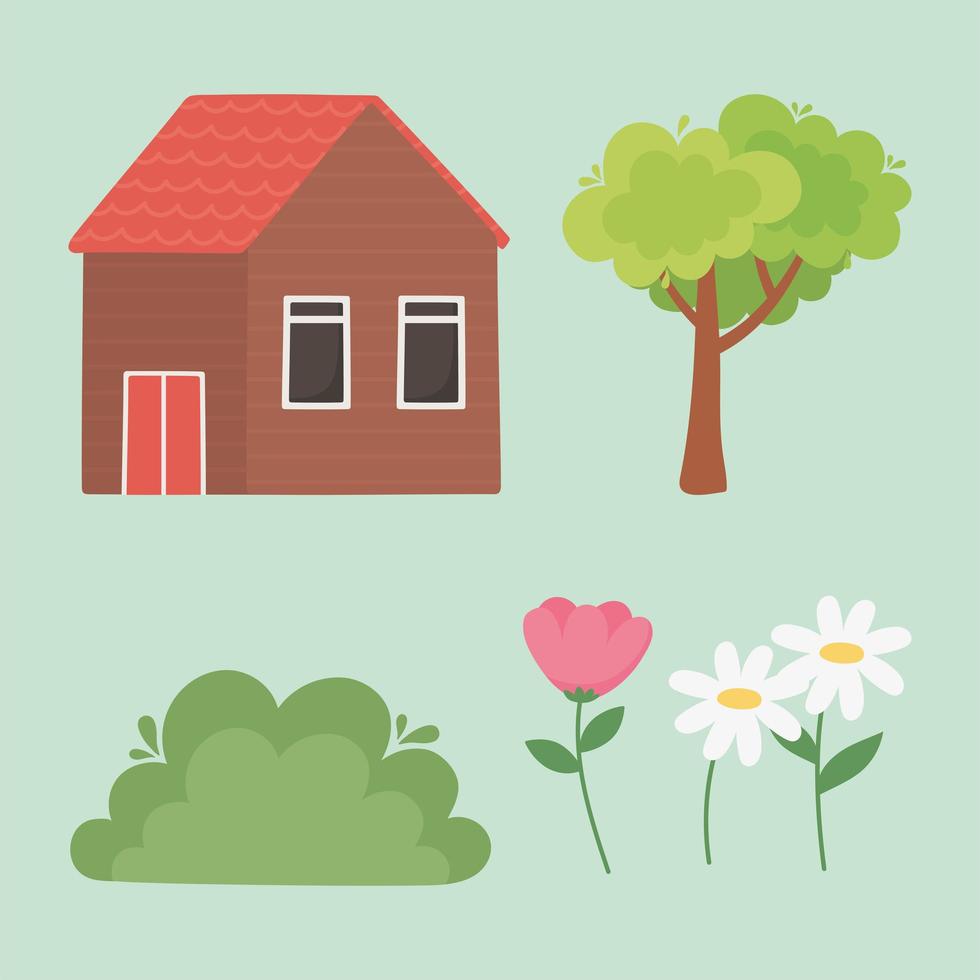 huisje, bloemen, boom, bush natuur pictogrammen vector