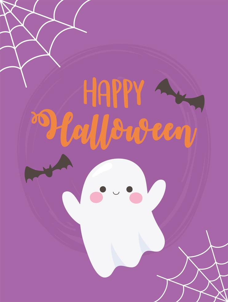 happy halloween schattige geest, vleermuis en spinnenweb poster vector